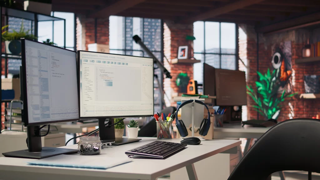 Un bureau est équipé d'ordinateurs.