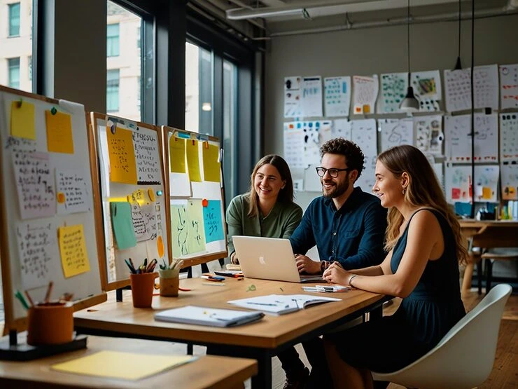 Équipe de Plyvexia Agency en train d'organiser un planning, illustrant la coordination et la planification efficace des projets