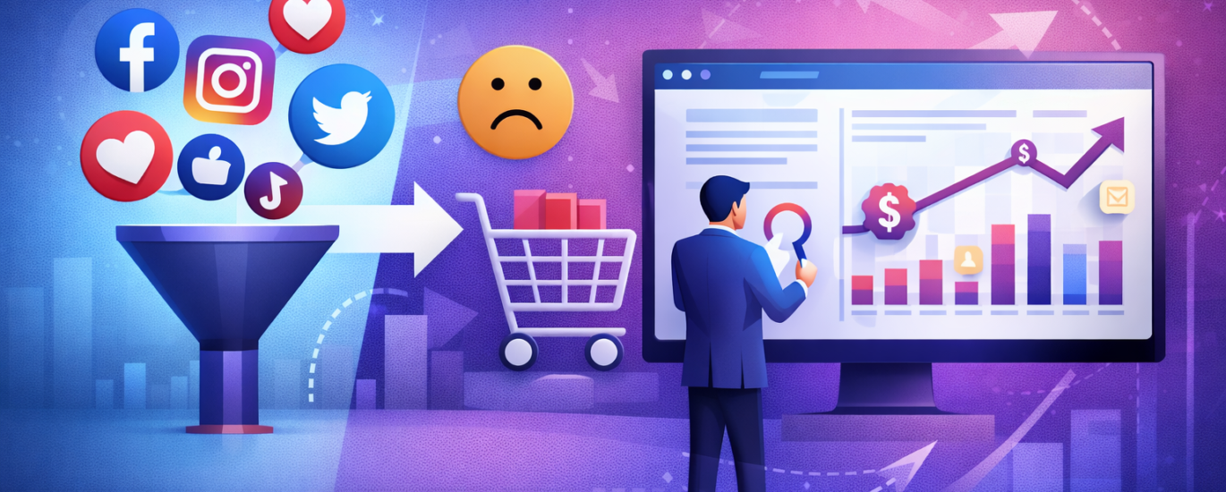 Illustration marketing digital montrant que la visibilité sur les réseaux sociaux ne suffit pas pour générer des ventes sans stratégie et site web optimisé