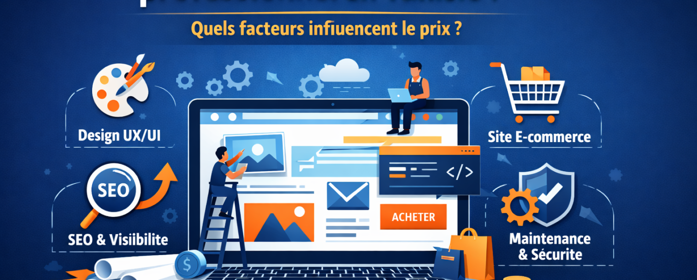 Illustration d'un site web en construction sur un ordinateur, montrant les facteurs qui influencent le prix d'un site professionnel en Tunisie : design UX/UI, SEO et visibilité, site e-commerce, maintenance et sécurité.