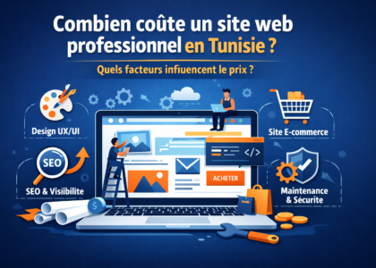 Illustration d'un site web en construction sur un ordinateur, montrant les facteurs qui influencent le prix d'un site professionnel en Tunisie : design UX/UI, SEO et visibilité, site e-commerce, maintenance et sécurité.
