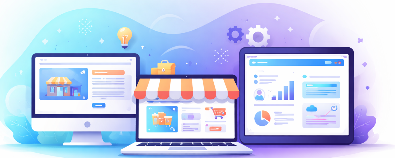 Illustration moderne d’un ordinateur, tablette et smartphone avec icônes de site vitrine, e-commerce et application web