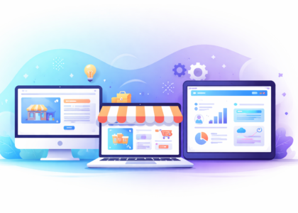 Illustration moderne d’un ordinateur, tablette et smartphone avec icônes de site vitrine, e-commerce et application web