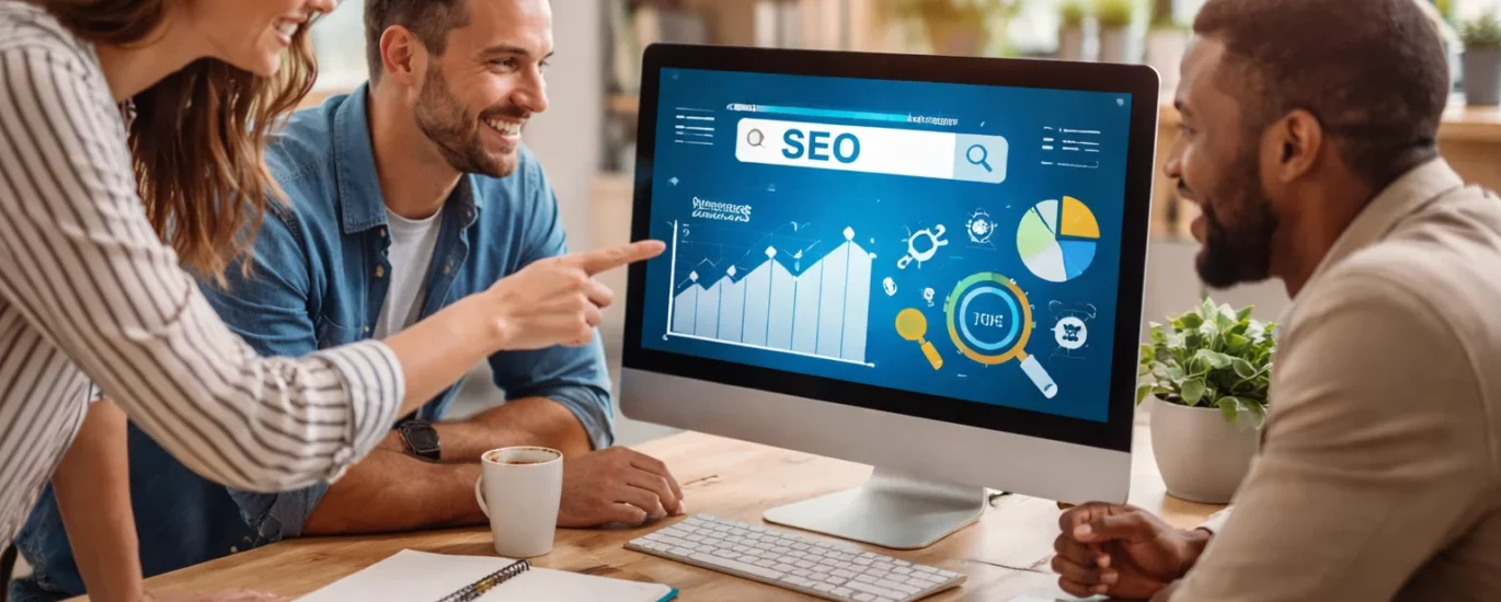 Équipe de professionnels du marketing digital analysant des graphiques SEO sur un ordinateur, discutant de la stratégie de référencement et de la visibilité sur Google dans un bureau moderne