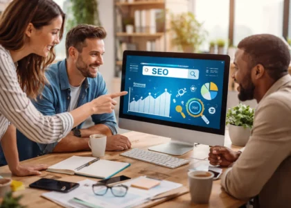 Équipe de professionnels du marketing digital analysant des graphiques SEO sur un ordinateur, discutant de la stratégie de référencement et de la visibilité sur Google dans un bureau moderne